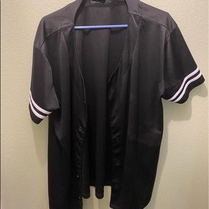 woman’s black baseball jersey styled button up